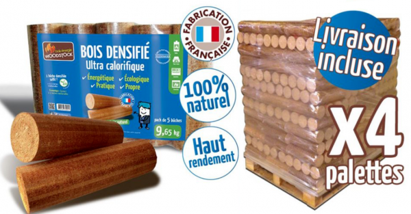 Bûches calorifiques WOODSTOCK 4 palettes, 416 sacs de 5 bûches